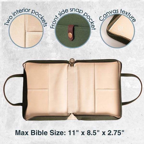 Bible Cover for Women Canvas Case with Leather Handles, Purse Style Bible Bag with Zippered Closure and Snap Pocket (Green/Cream, Medium and Large Bibles)