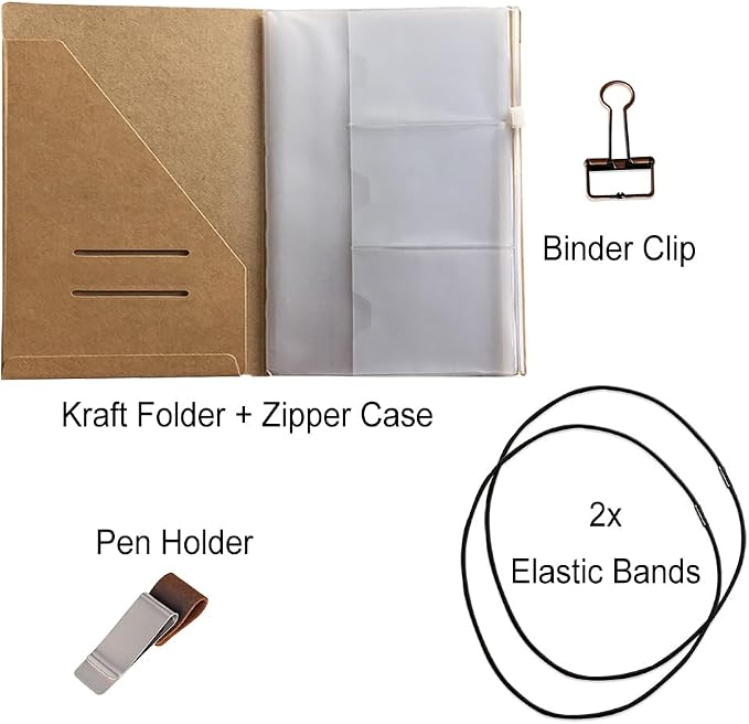 A5 Travelers Notebook Accessories Kit - Kraft File Folder, Zipper Case, Pen Holder, Binder Clip and 2 Elastic Bands