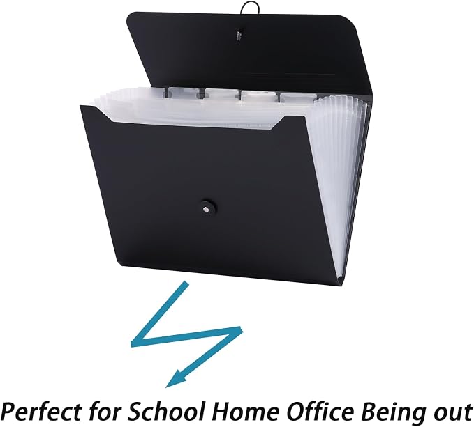 A4 Paper Document Organizer Expanding File Folder with 13 Pockets Accordion File Holder with Tabs for Home School Office, Black Plastic Material