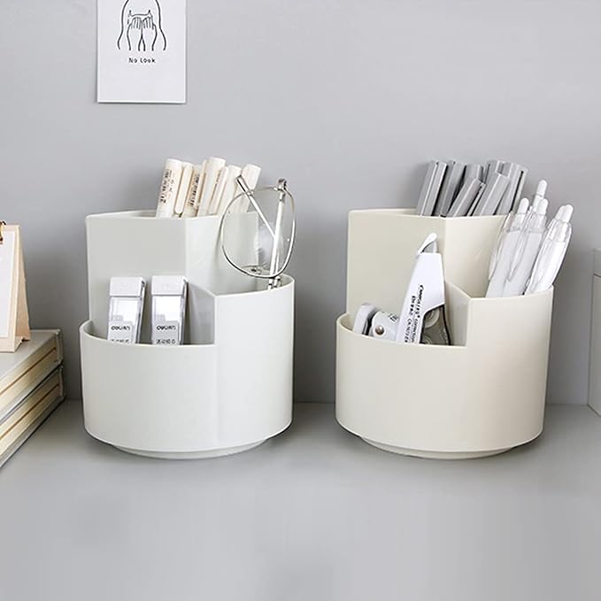 Rotating Pen Holder 3 Compartments, School Supplies Organizer for Pen, Colored Pencil, Art Brushes, Desktop Storage Box in Classroom & Art Studio, Gift for Teachers, Classmates, and Friends ,Grey