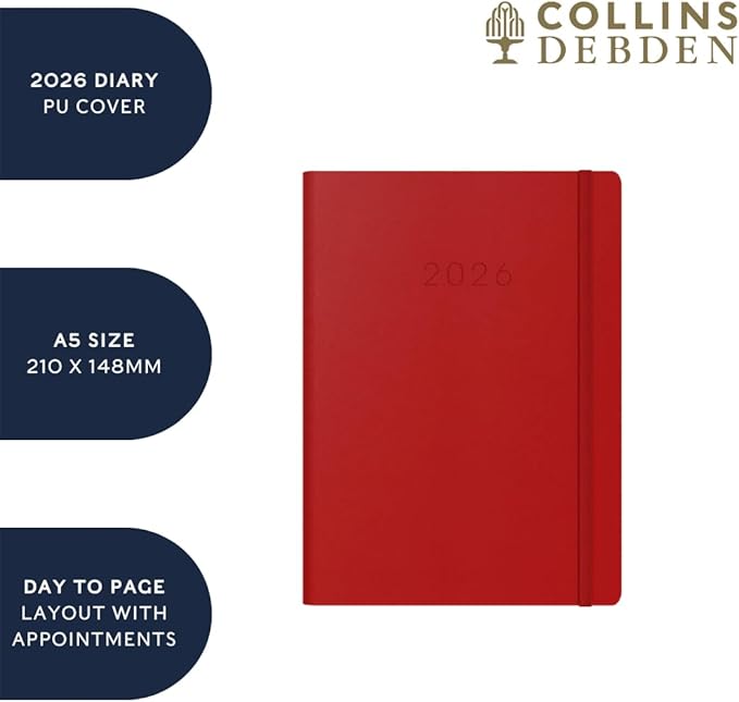 Collins - Legacy - 2026 12 Month Calendar Year Planner, Day-To-Page with 1/2 Hourly Appointments Diary, A5 Hard Cover - Blue (CL51.60-26)