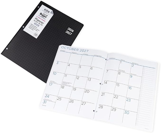 PlanAhead Jan 2026 - Dec 2027 Monthly Planner - 11"x8.75" 2 Year Academic Planner Notebook with Large Print - Black Grid Design- 3-Hole Punched Calendar Agenda for Student & Teacher
