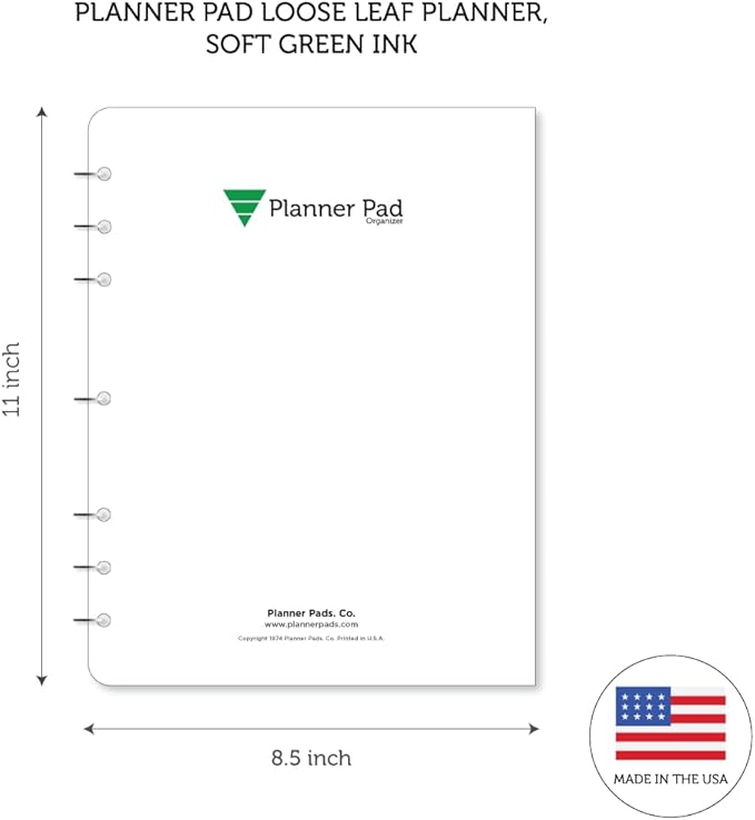 Planner Pad 7 Hole Loose Leaf January-December 2026/ Calendar Year 8 1/2" x 11" Large 3-Tier Funnel Down 12 Month Organizer, Soft Green Ink