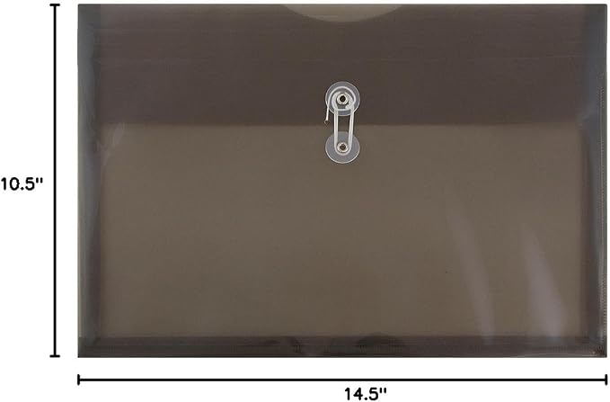 JAM PAPER Plastic Envelopes with Button & String Tie Closure - Legal Booklet - 9 3/4 x 14 1/2 - Smoke Gray - 12/Pack