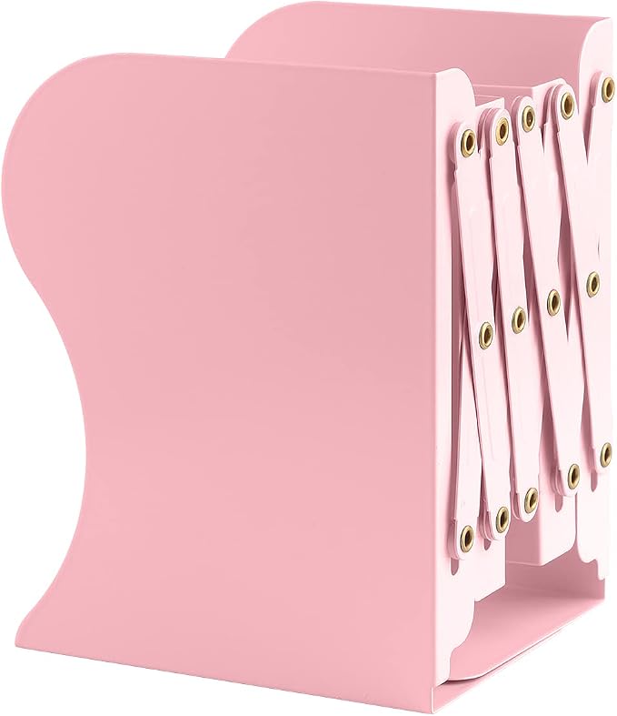MSDADA Adjustable Bookends, Book Ends for Heavy Books, Expandable Book Organizer for Desk, Shelf, Office, School, for 6 7 8 9 10 11 12-15 Boys and Girls, Extends up to 19 inches (Pink)