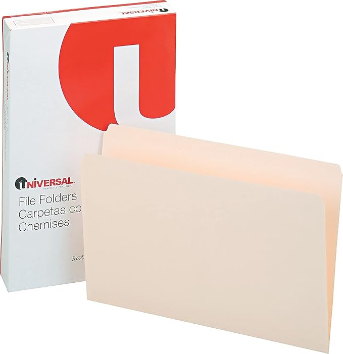 Universal 15110 File Folders, Straight Cut, One-Ply Top Tab, Legal, Manila, 100/Box