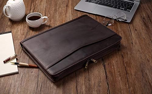 Genuine Leather Business Portfolio Padfolio Folder with Zipper for Men, Men's Leather Padfolio Folder for 13" Laptop, Business Portfolio for Letter Size Notepad, Graduation Gift,Dark Brown