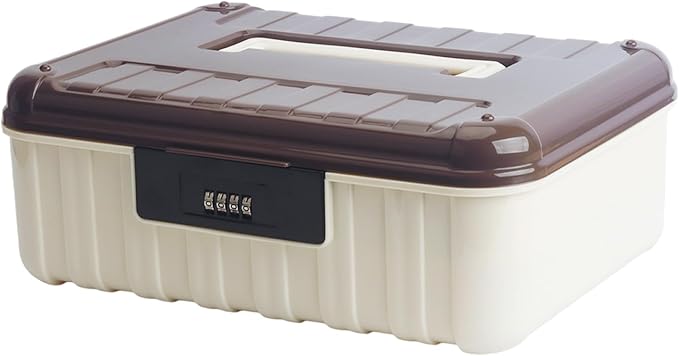 2-Tier Locking Storage Box with 4-Digit Combination Lock, Portable Stackable File & Medicine Organizer for Home, Office, Dorm (Brown, 11.42x8.66x4.45 Inches)