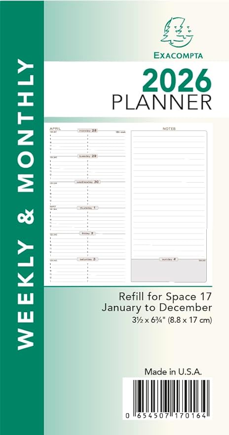 Exacompta 2026 Refill For "Space 17" Calendar Year Weekly/Monthly Planner Organizer - 12 Months (Jan. to Dec.) - 3 1/2" x 6 3/4"- Appointment Journal for Business, School, and Life