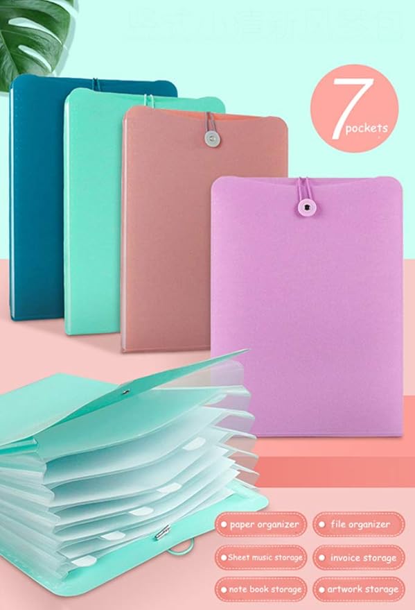 Vertical Expanding Accordion Folder with 7 Pockets Paperwork Organizer Document Wallet Briefcase Business File Organizer Bag A4 Letter Size Elastic Rope Closure Pink