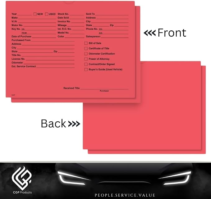 Printed Vehicle Deal Jackets Envelopes Folders for Auto Car Dealerships - 9x12 Size - Dealer Supplies - New and Used Cars - 100 Quantity (Red)