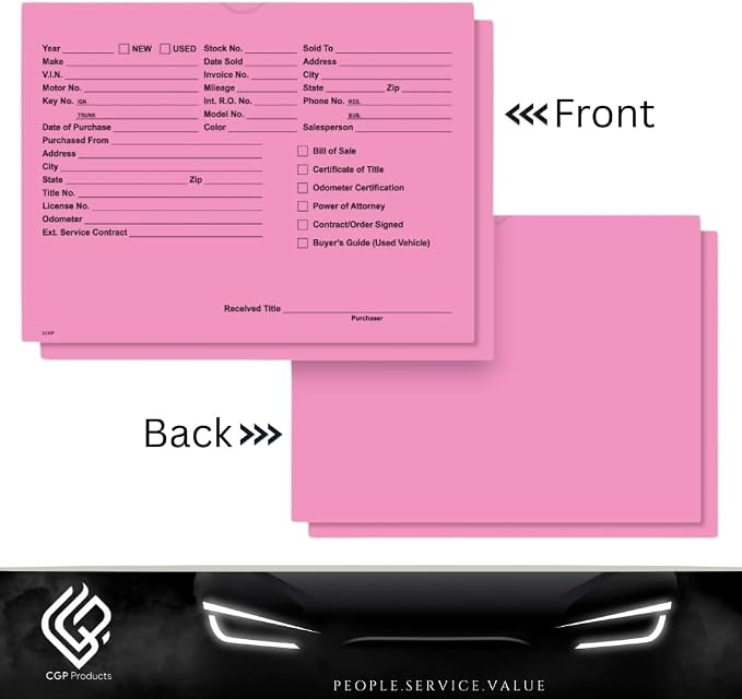 Printed Vehicle Deal Jackets Envelopes Folders for Auto Car Dealerships - 9x12 Size - Dealer Supplies - New and Used Cars - 100 Quantity (Fuchsia)
