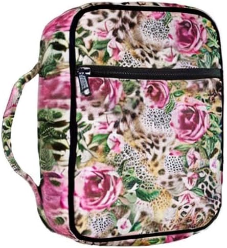 Coldinair Rose Flower Bible Cover for Men Leopard Bible Case Handbag for Women Larger Bible Bags Totes Carrying Case with Handle Travel Bible Accessories for Women, Cheetah Brown, Pink Flower