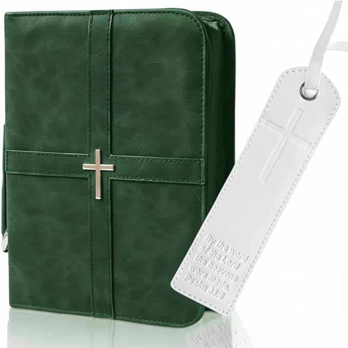 Bible Cover, Discreet & Elegant Bible Case, Brown PU Leather Bible Cover, Cross Design Bible Bags, Strong and Sturdy Book Case, Includes Premium Bookmark (Green)