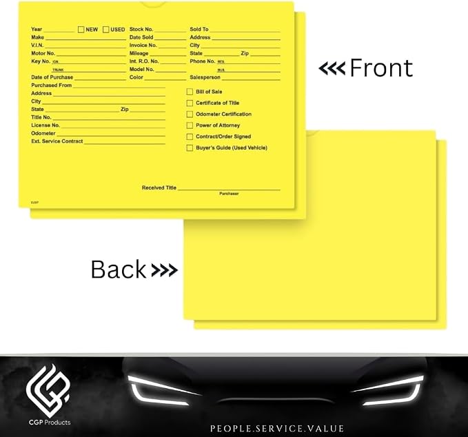 Printed Vehicle Deal Jackets Envelopes Folders for Auto Car Dealerships - 9x12 Size - Dealer Supplies - New and Used Cars - 100 Quantity (Yellow)