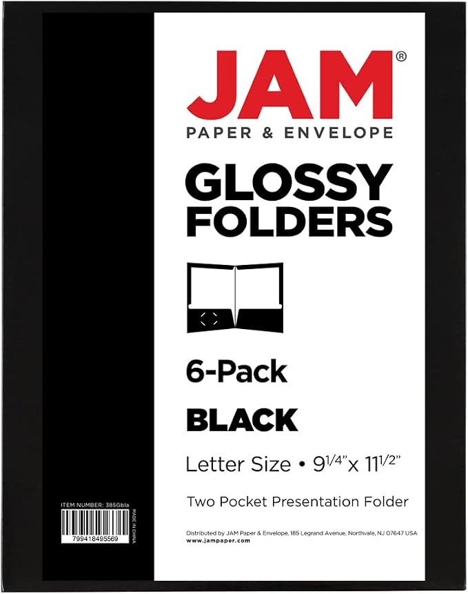 JAM PAPER Laminated Two Pocket Glossy School Folders - Letter Size - High Gloss Black - Bulk 25/Pack