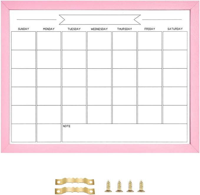 TORASO Dry Erase Monthly Calendar Board, Magnetic Whiteboard for Wall, Office/School/Home, Solid Wood Pink Frame Hanging Board 13"x 17"(YL-Pink-3343-B)
