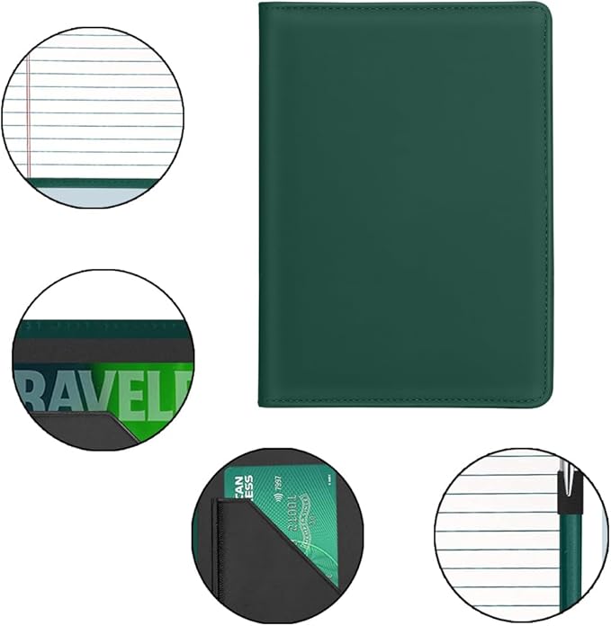 Junior Padfolio Folder - A5 Portfolio Binder Case with 5 x 8 Writing Pad and Interior Storage Pocket Executive Business Organizer for Men Women, Dark Green