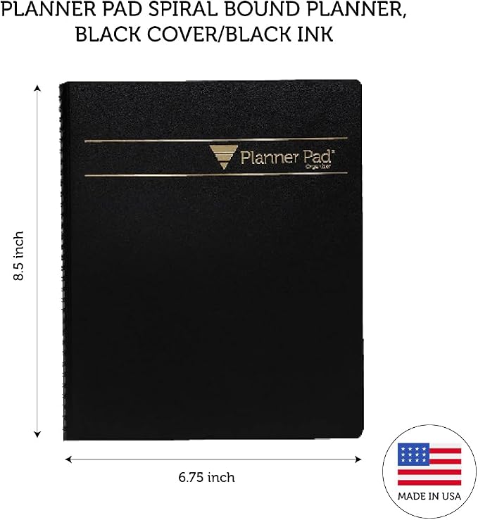 Planner Pad Spiral Bound October 2024 – September 2025 6 3/4" x 8 1/2" Medium 3-Tier Funnel Down 12 Month Organizer, Black Cover/Black Ink