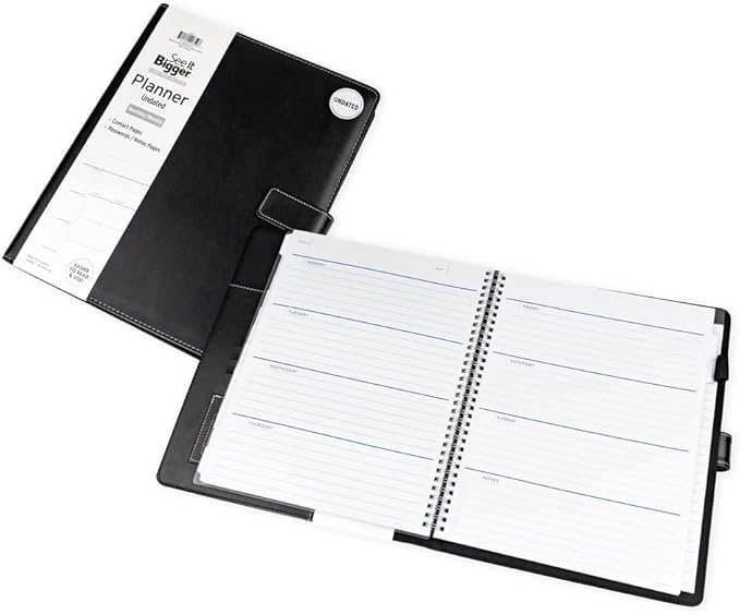 See It Bigger Large 15-Month Padfolio Undated Planner – Black 11.75"x10" Monthly & Weekly Dated Organizer with Removable Lined Notebook, Interior Pockets, and Large Print for Work & Personal Use