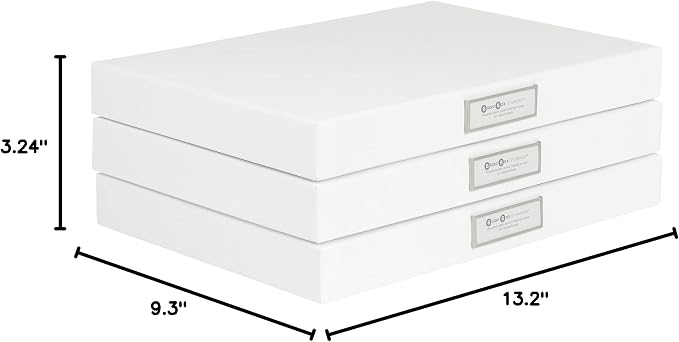 Bigso Sven Fiberboard Classic Hinged Document Box - File Organizer for Important Paperwork - Document Storage Box with Hinged Lid & Metal Label Window - 1.8 in x 13.2 in x 9.3 in - 3 Pack - White