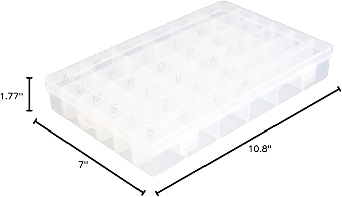 Plastic Organizer Container Box with Adjustable Dividers - 36 Compartments for Letter Board Letters - Stickers Pre Applied to Dividers