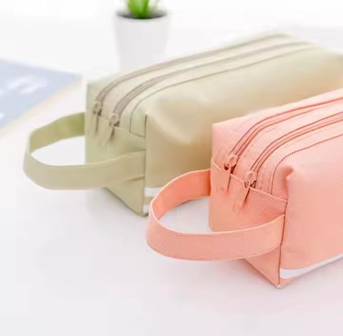 Large Capacity Pink Pencil Organizer with 2 Zipper Pockets, Durable Canvas Stationery Bag for School and Office Supplies, Multi-Purpose Pen Pouch and Travel Storage Case (Pink)