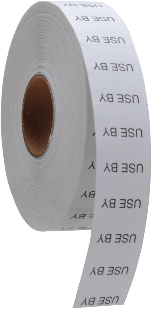 Black Print on White"USE BY" Pricing Labels to fit Monarch 1136 Pricers. 8 Rolls with 1 Free Ink Roller.