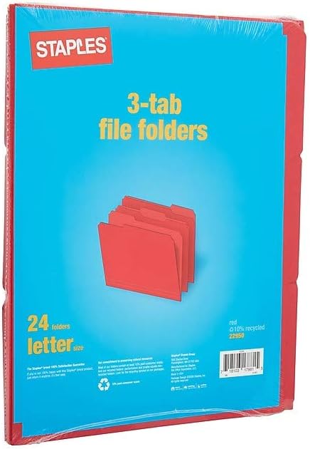 Staples Colored File Folders, Letter Size, 3‑Tab Top‑Tab Design, Red, Durable Paper Stock, 24/Pack