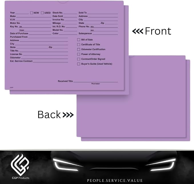 Printed Vehicle Deal Jackets Envelopes Folders for Auto Car Dealerships - 9x12 Size - Dealer Supplies - New and Used Cars - 100 Quantity (Lavender)