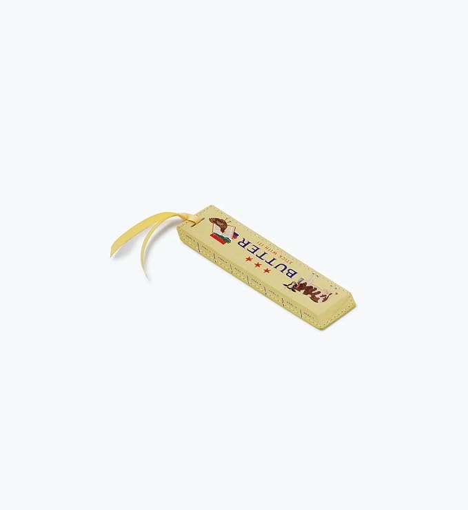 RIFLE PAPER CO. Butter Stick with It Bookmark, 1.75" W x 6" L, Playful Butter Stick with It Text, Wipe-Clean Saffiano Polyurethane, Grosgrain Ribbon, Gold Foil Logo