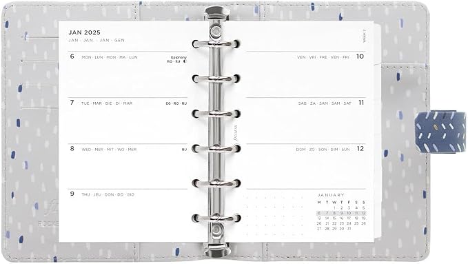 Filofax Indigo Organizer, Pocket Size, Frost - Leather-Look, Gold Foil Accents, Six Rings, Week-to-View Calendar Diary, Multilingual, 2025 (C028714-25)
