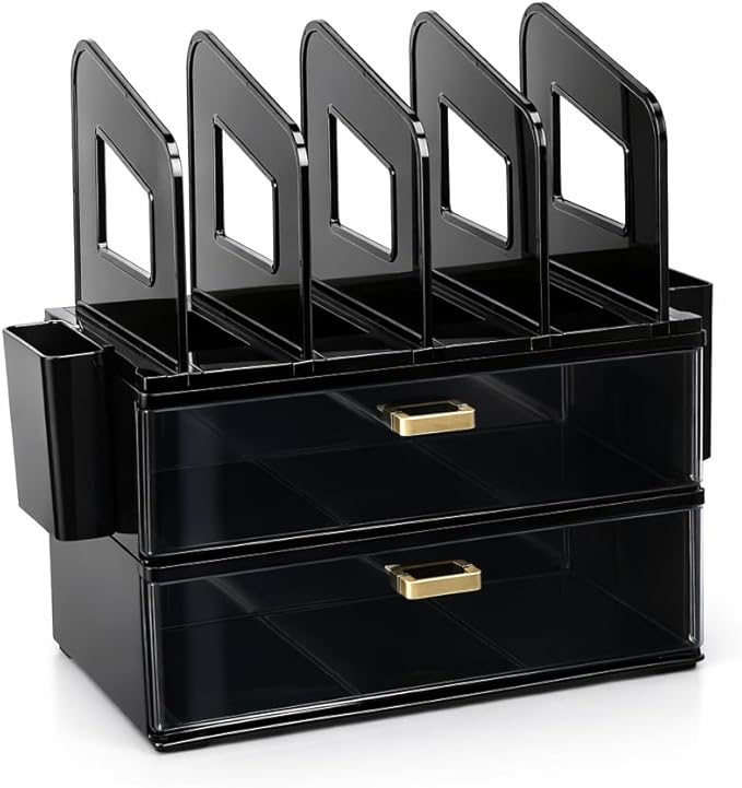 CiWiVOKi Desk Organizer with 4 File Holder Slots, 2 Clear Drawers & Dual Pen Holders, Sturdy Multi-Functional Desktop Storage for Home Office, Mail Sorter & Caddy, Black