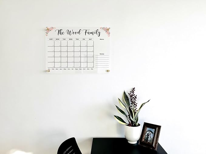 Custom Floral Acrylic Wall Calendar 2026 - Personalized Family Planner, Wall Organizer, Dry Erase Monthly Wall Planner Board with Marker
