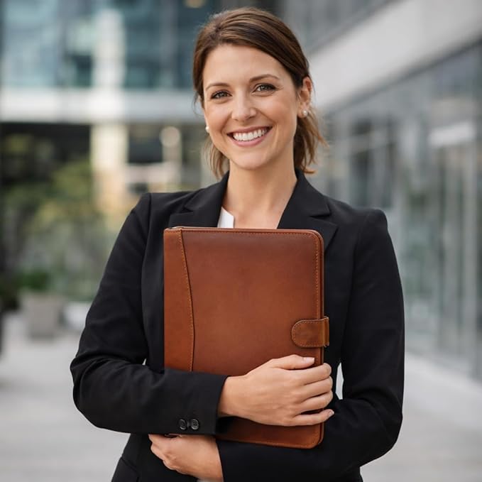 Leather Portfolio Padfolio Organizer – Professional Resume & Interview Portfolio Folder with Zipper Pocket, Card Slots & Pen Holders – Genuine Leather Business Portfolio Binder for Documents