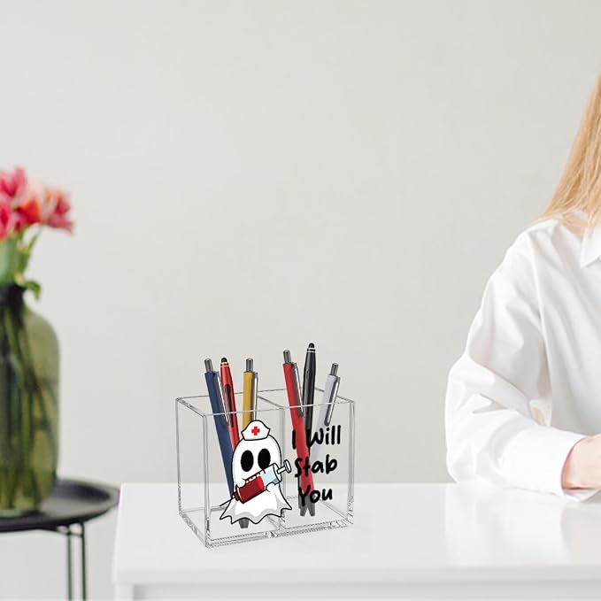 I Will Stab You Acrylic Cosmetic Pencil Pen Holder Funny Nurse Pen Holder Cup Cute Ghost Gifts for Nursing Graduation Women Girl Decor for Medical Office Desk Accessories