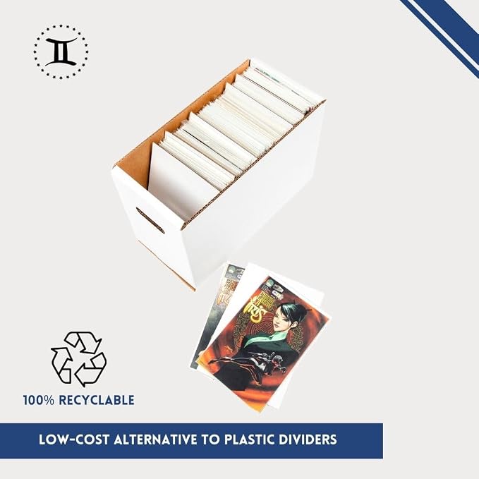 Thick-Grip Comic Book Storage Box — USA-Made, Holds 130-170 Comics, 250 LBs Strength Tested, No Glued Seams, Acid-free — Versatile Gemini Comic Book Box/Bin (1 Box with Lid + 50 Cardboard Dividers)