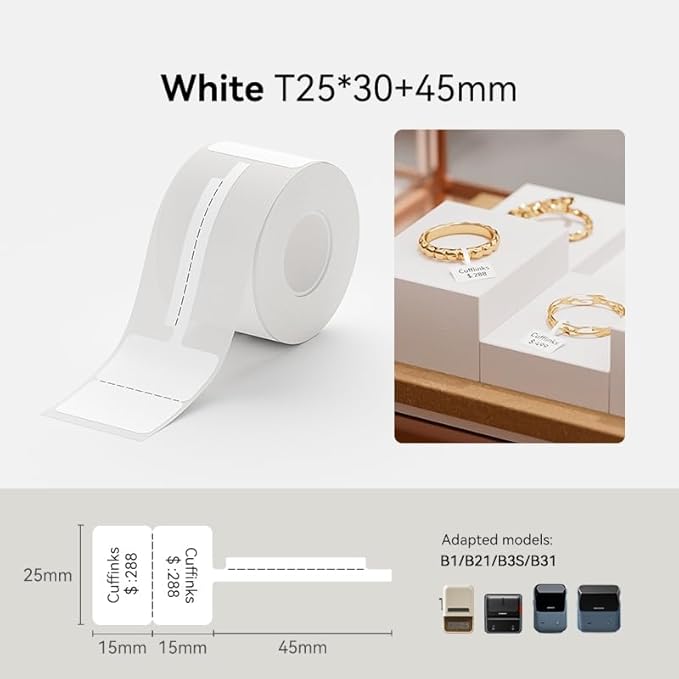 B1 Jewelry Label Tape Adapted Labels Sticker Standard Laminated Office Container Labeling Tape Replacement for Niimbot B21 B1 B3S Label Maker (2 Rolls, 02T White)