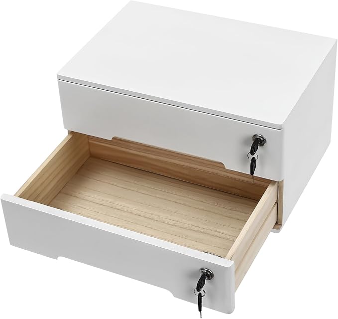 2-Tier Desk Organizer with Lockable Drawers, 2 Pairs of Keys, Wooden Desktop Storage Box, Categorized Storage Desktop File Cabinet(White)…