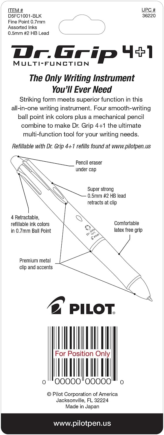 PILOT Dr. Grip 4+1 Multi-Function Refillable & Retractable Ballpoint Pen + Pencil, Fine Point, Black Barrel, Black/Red/Blue/Green Inks, Single Pen (36220)