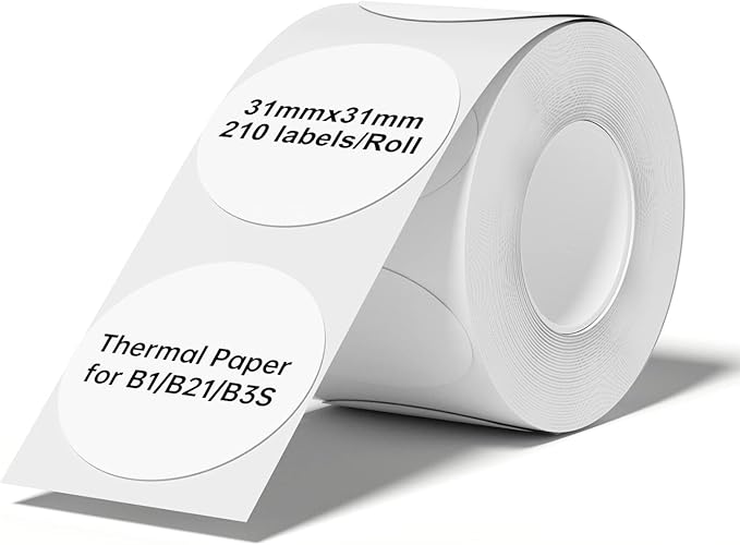NIIMBOT Labels for B21/B1/B2 Label Printer, Thermal Stickers 1.22'' x 1.22''(31x31mm), Waterproof, Oil-Proof Label Tape, 1 Roll of 210 Round Sticker Labels