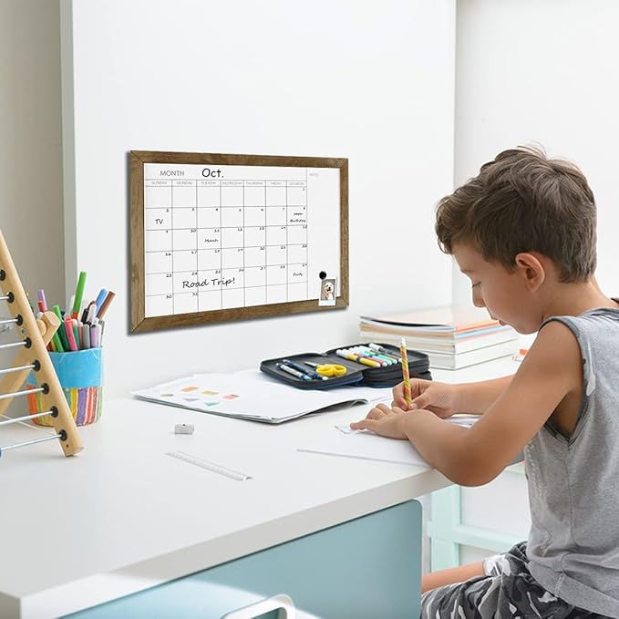 TORASO Dry Erase Monthly Calendar Board, Solid Pine Wood Frame Magnetic Whiteboard for Wall, Office/School/Home, Hanging Board 10.5"x 14.5"(YL-RB-2737-A)