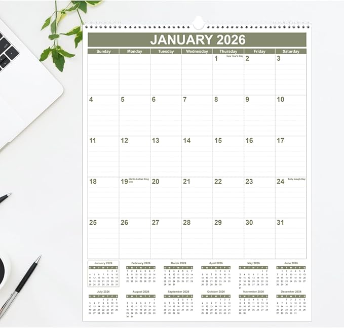Large Calendar 2026 with Spiral Bound - 12 Month Big Calendar from January 2026 to December 2026, Vertical Large Monthly Calendario 2026 for Wall, 22" x 17", Cyan