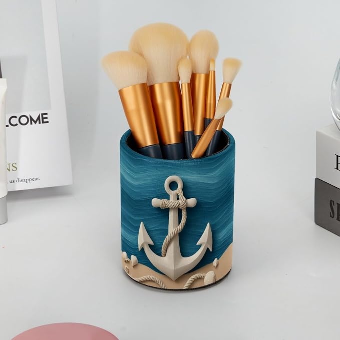 Leather Pen Holder for Desk, Anchor Makeup Brushes Holder Pencil Cup Multifunctional Desktop Organizer Caddy for Home School Office Desk Accessories
