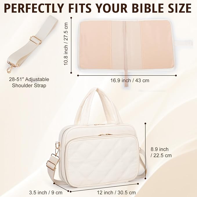 Large Bible Cover for Women,2 Compartments Bible Carrying Case With Handles Shoulder Strap, Soft Puffy Quilted Bible Bags With Book Cover Organizer, Bible Tote For Church Study Supplies Accessories
