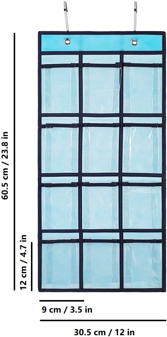 2 Pcs Classroom Pocket Chart Cell Phone Organizer Calculator Holder Over The Door Hanging Storage for Sock Underwear Jewelry with 12 Clear Pockets (Blue)