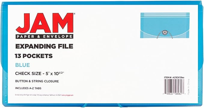 JAM PAPER Accordion Folders - 13 Pocket Plastic Expanding File - Check Size - 5 x 10 1/2 - Blue - 2/Pack
