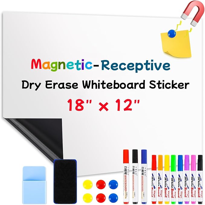 Magnetic Dry Erase Whiteboard 18"x12" - Self-Adhesive Flexible Wall Board for Fridge, Desk, Locker w/ 11 Markers, 6 Magnets, Eraser & Holder, Ultra Smooth, No Ghosting, Easy Erase