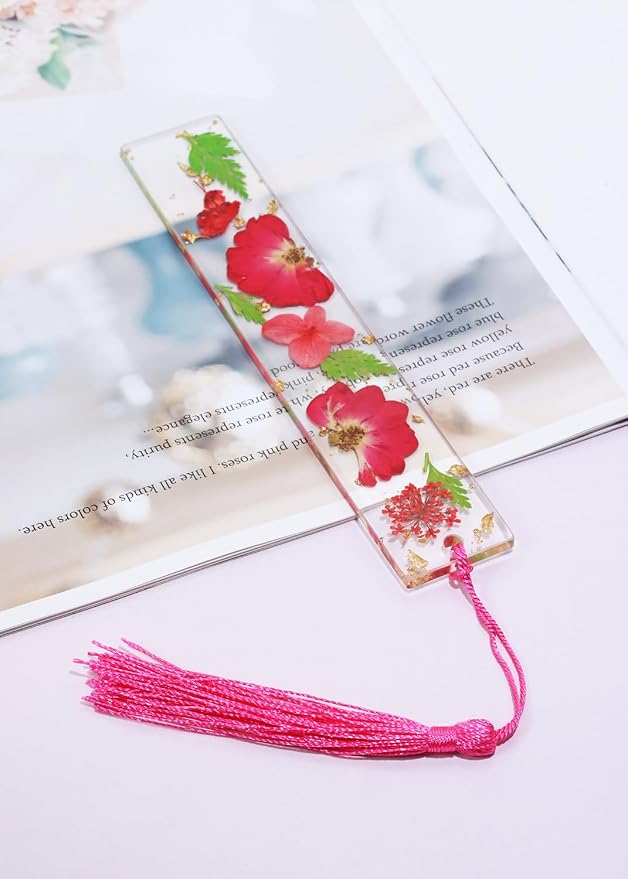 Penta Angel Dried Flower Resin Bookmarks Handmade Clear Pressed Floral Page Markers with Silky Tassel Reading Gift for Women Adults Graduation Valentine’s Day Christmas (Red & Green)