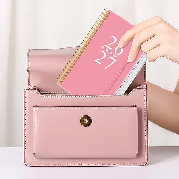 2026-2027 Monthly Planner - January 2026 - June 2027, Two Pages Per Month, 18 Monthly Calendar/Planner with Tabs, Strong Twin-Wire Binding, Inner Pocket, 3.75" x 6.5", Pink